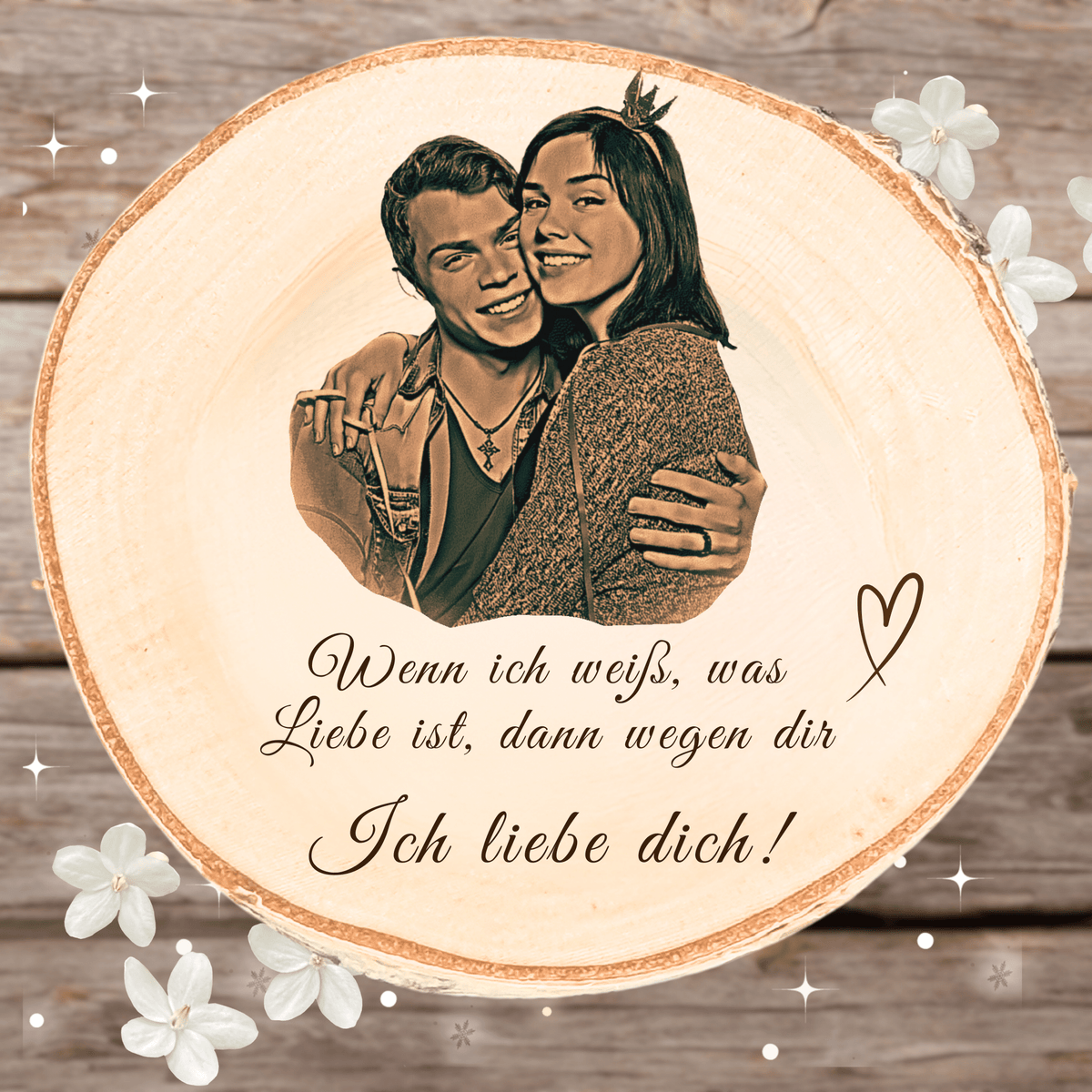 Paarfoto graviert auf echter Baumscheibe | mit persönlicher Liebesbotschaft | Valentinstag | Silberhochzeit | Jahrestag | Hochzeitstag