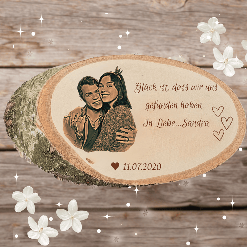 Paarfoto graviert auf echter Baumscheibe | mit persönlicher Liebesbotschaft | Valentinstag | Silberhochzeit | Jahrestag | Hochzeitstag