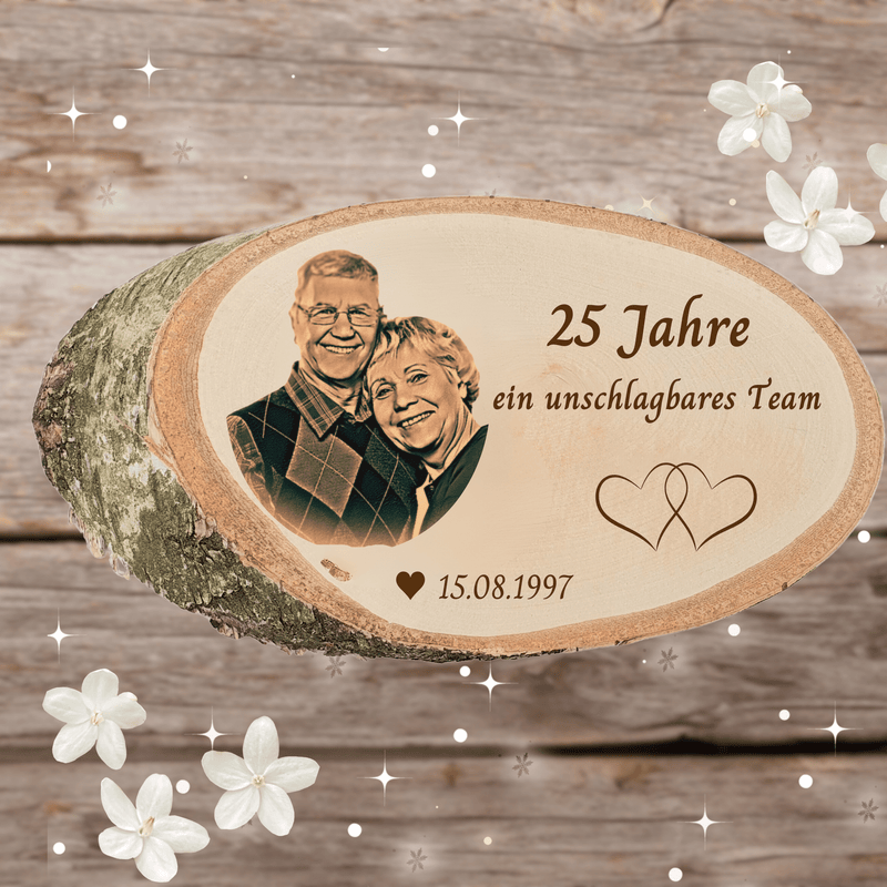 Fotogravur auf echter Baumscheibe zur Silberhochzeit | persönlicher Widmung | Geschenk Hochzeitstag | Jahrestag | Valentinstag