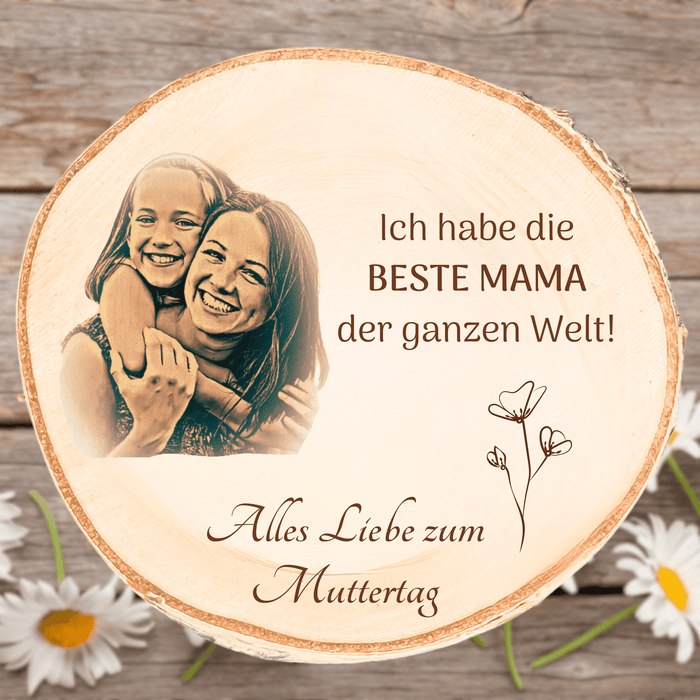 Fotogravur auf Baumscheibe personalisiert | Einzigartiges Geschenk zum Muttertag mit persönlicher Widmung